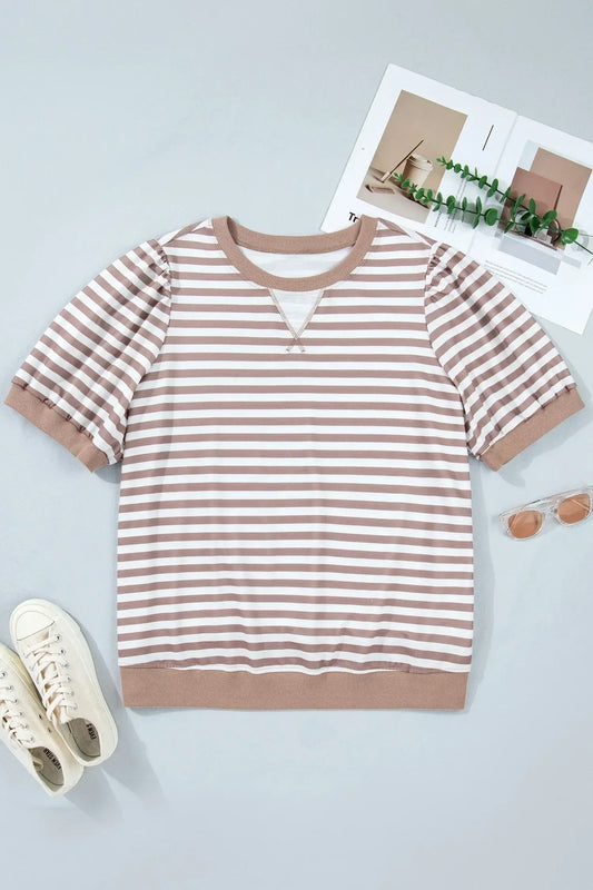 Orange Stripe Ribbed Trim Round Neck Short Puff Sleeve Plus T Shirt - Sweet Fashion Wholesale