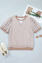 Orange Stripe Ribbed Trim Round Neck Short Puff Sleeve Plus T Shirt - Sweet Fashion Wholesale