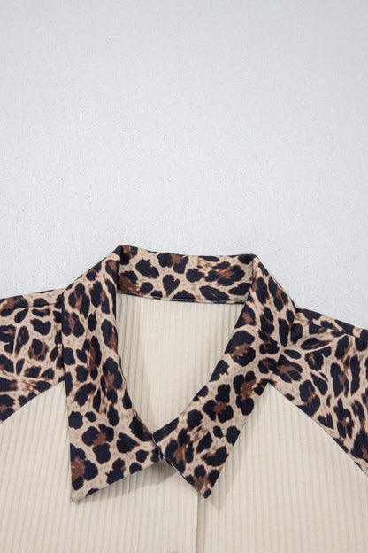 White Ribbed Texture Button Down Leopard Patchwork Short Sleeve Shirt