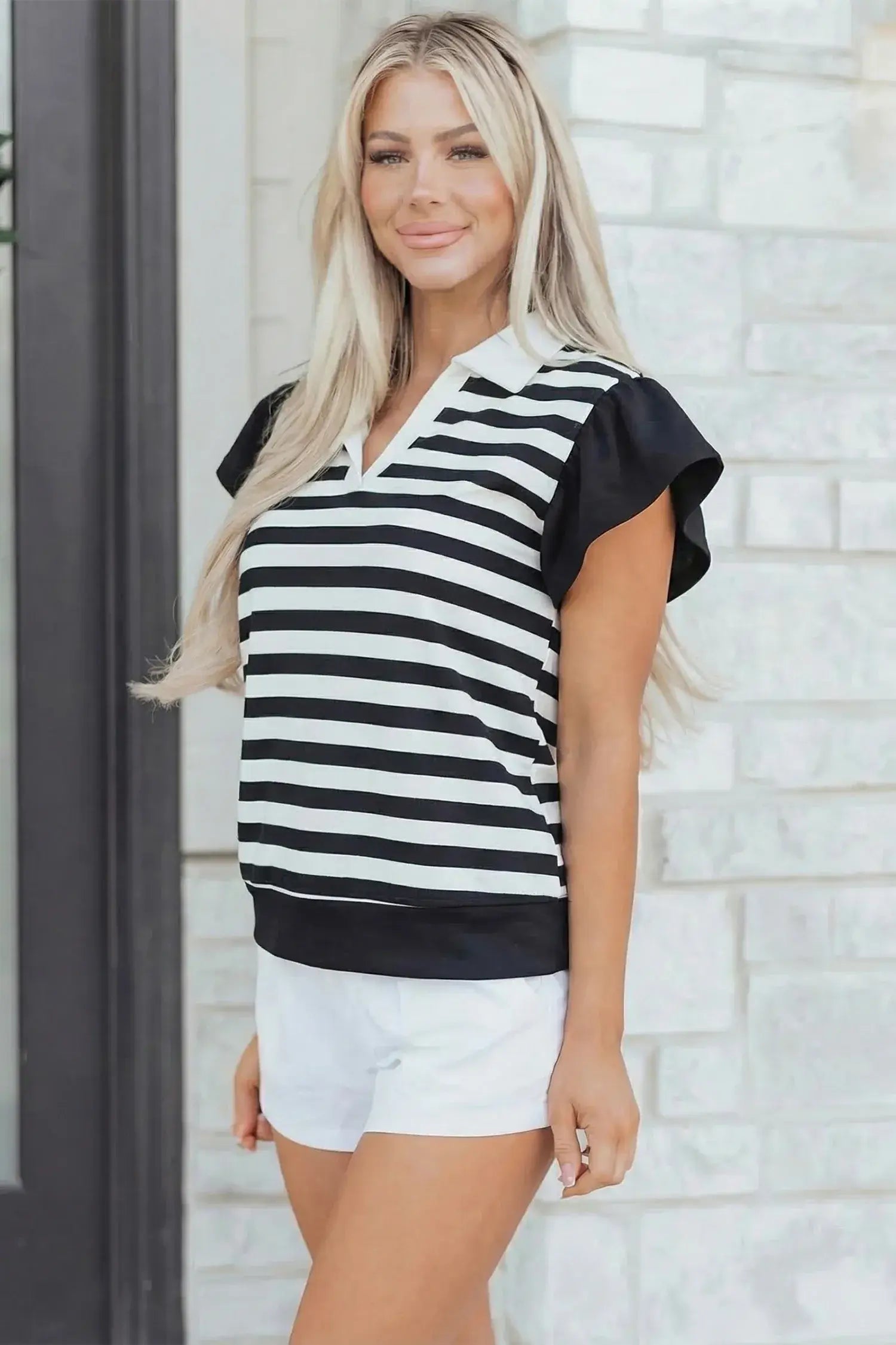 Green Stripe Collar V Neck Ruffled Short Sleeve Blouse - Sweet Fashion Wholesale