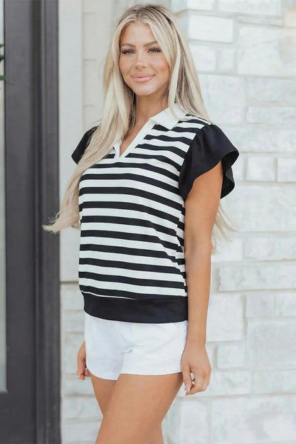 Green Stripe Collar V Neck Ruffled Short Sleeve Blouse - Sweet Fashion Wholesale