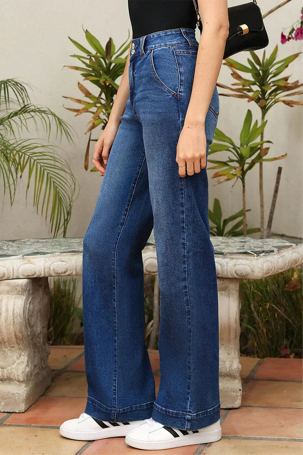 Sky Blue Double Button Zip Fly Straight Leg Jeans - Sweet Fashion Wholesale