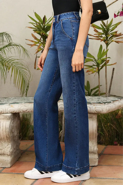 Sky Blue Double Button Zip Fly Straight Leg Jeans - Sweet Fashion Wholesale