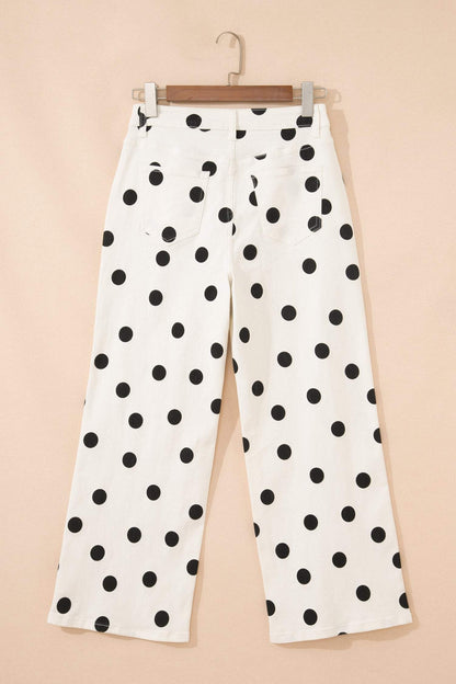 White Polka Dot Print Wide Leg Ankle-Length Jeans