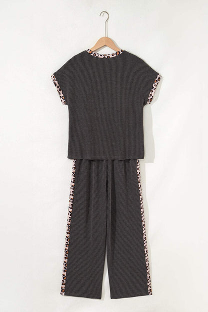 Carbon Grey Leopard Patchwork Edge Twisted Rib T Shirt and Cropped Pants Set