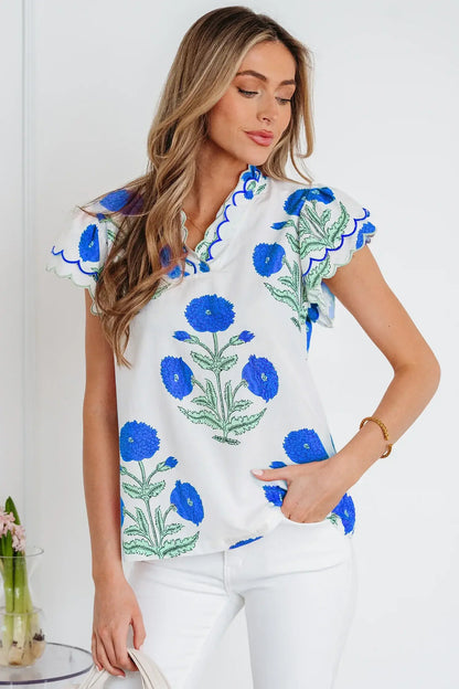 Blue Wild Flower Print Contrast Trim Scallop Detail Short Sleeve Blouse - Sweet Fashion Wholesale