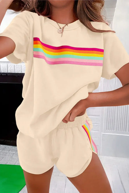 Rose Red Vibrant Striped Detail Athleisure 2pcs Short Set - Sweet Fashion Wholesale