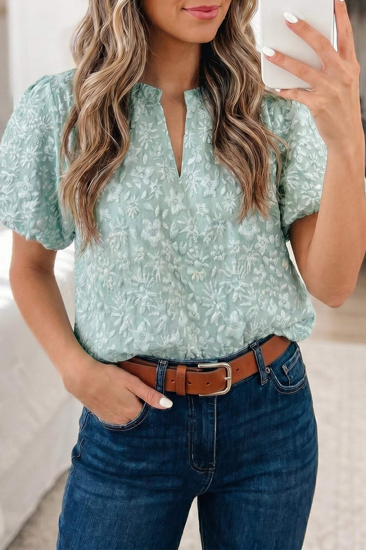 Iceland Blue Floral Textured Jacquard Puff Sleeve Blouse