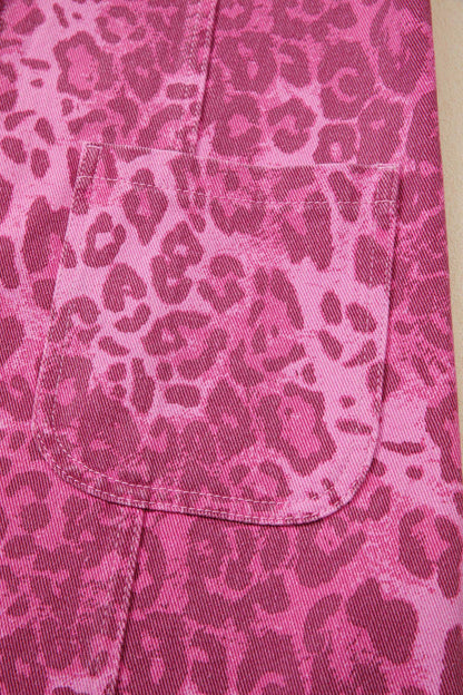 Pink Leopard Denim Buttoned Shift Sleeveless Dress
