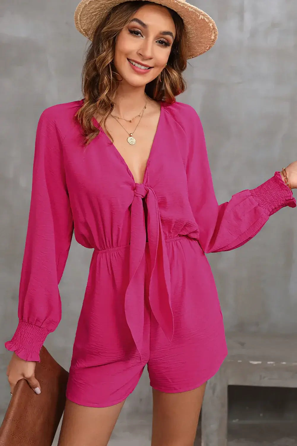 Rose Tie Knot V Neck Puff Long Sleeve Romper - Sweet Fashion Wholesale