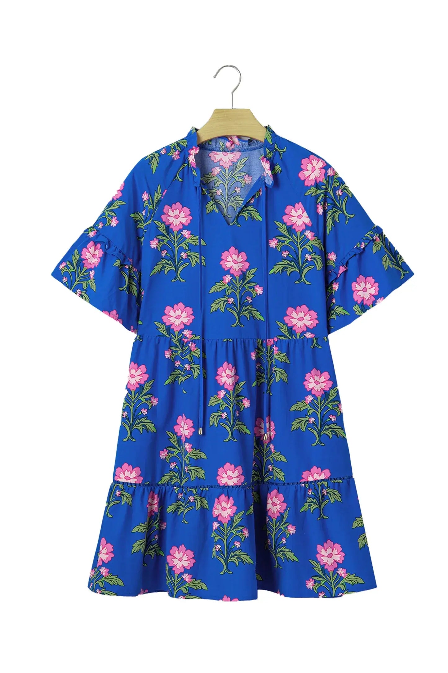 Blue V Neck Short Sleeve Loose Flower Dress - Sweet Fashion Wholesale