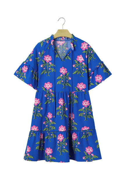 Blue V Neck Short Sleeve Loose Flower Dress - Sweet Fashion Wholesale
