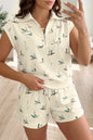Beige Mallard Printed Zip Polo Tee Drawstring Short Set
