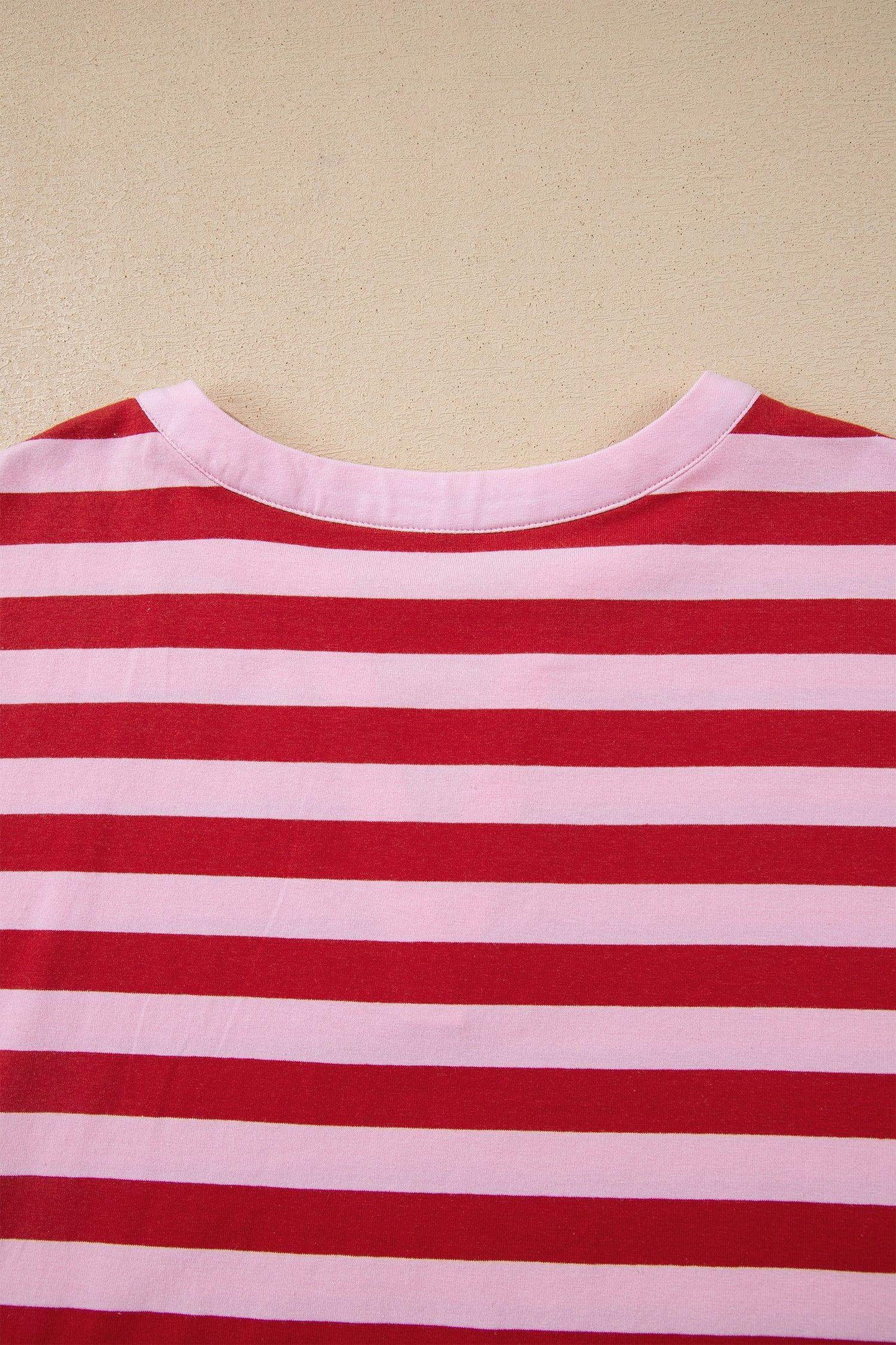Pink Stripe Split V Neck Casual T Shirt - Sweet Fashion Wholesale