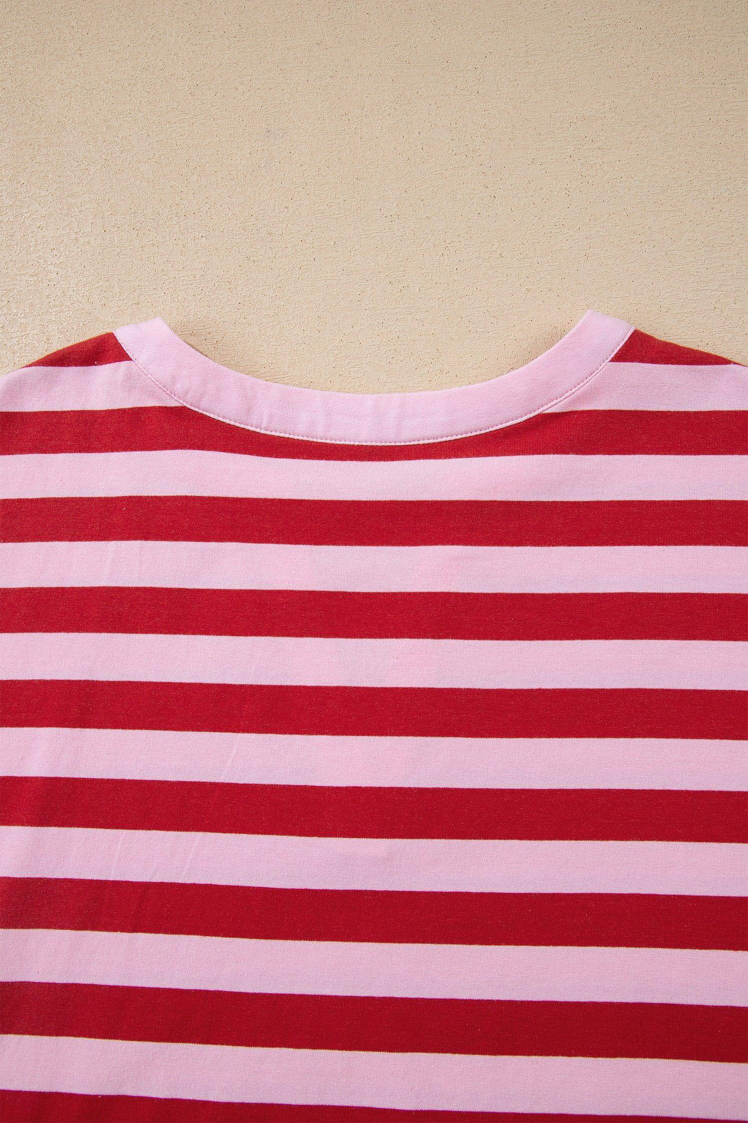 Pink Stripe Split V Neck Casual T Shirt - Sweet Fashion Wholesale
