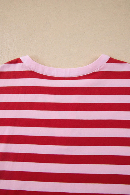 Pink Stripe Split V Neck Casual T Shirt - Sweet Fashion Wholesale