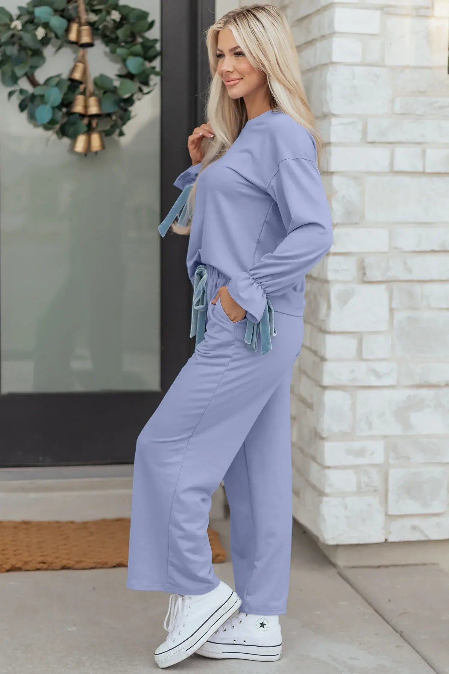 Beau Blue Flounce Long Sleeve Top Drawstring Pants Contrast Velvet Bow Knot 2pcs Lounge Set - Sweet Fashion Wholesale