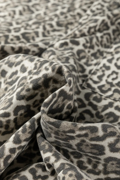 Brown Leopard Print Raw Hem Elastic Waist Loose Pull On Jeans - Sweet Fashion Wholesale