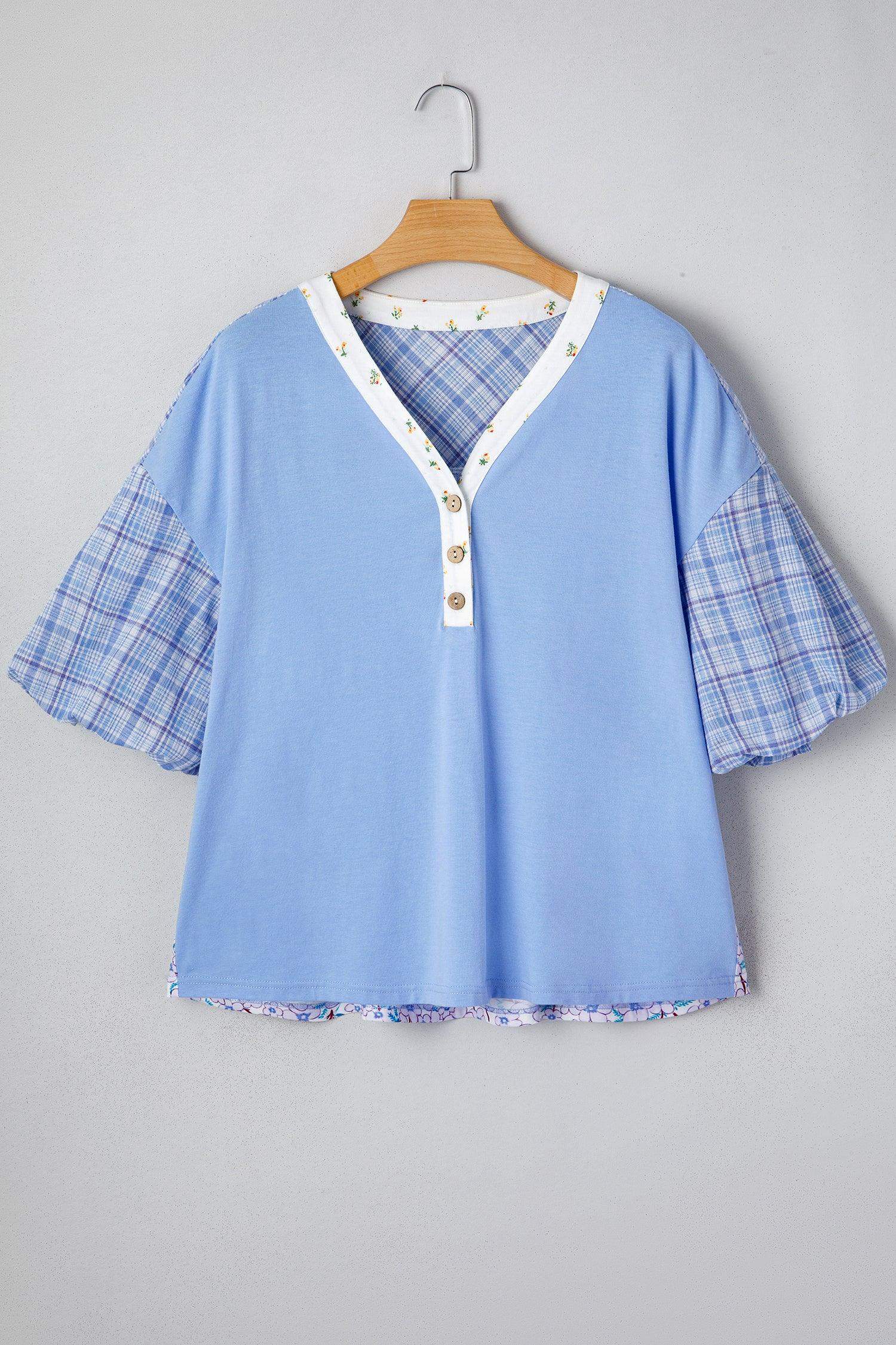 Beau Blue Color Block Plaid Bubble Sleeve Patchwork Blouse - Sweet Fashion Wholesale