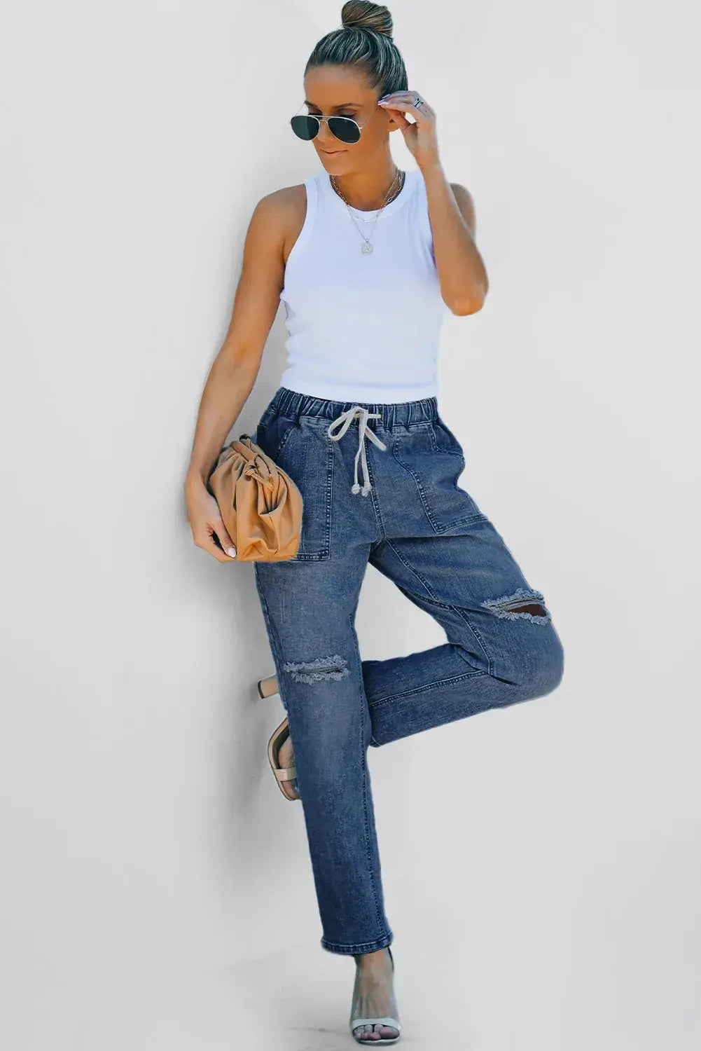 Dark Blue Gather Round Distressed Pocketed Denim Jogger - Sweet Fashion Wholesale
