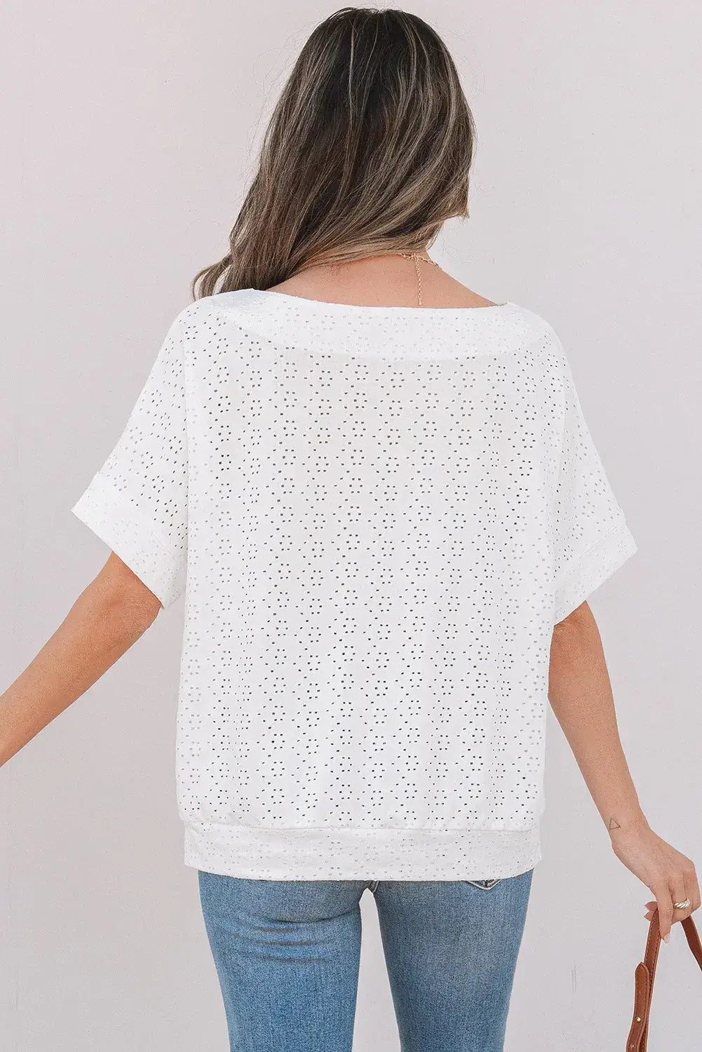 White Eyelet Pattern Boat Neck Casual Tee