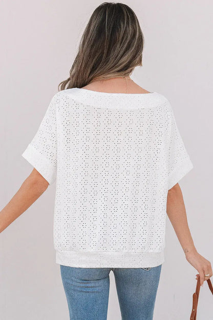 White Eyelet Pattern Boat Neck Casual Tee