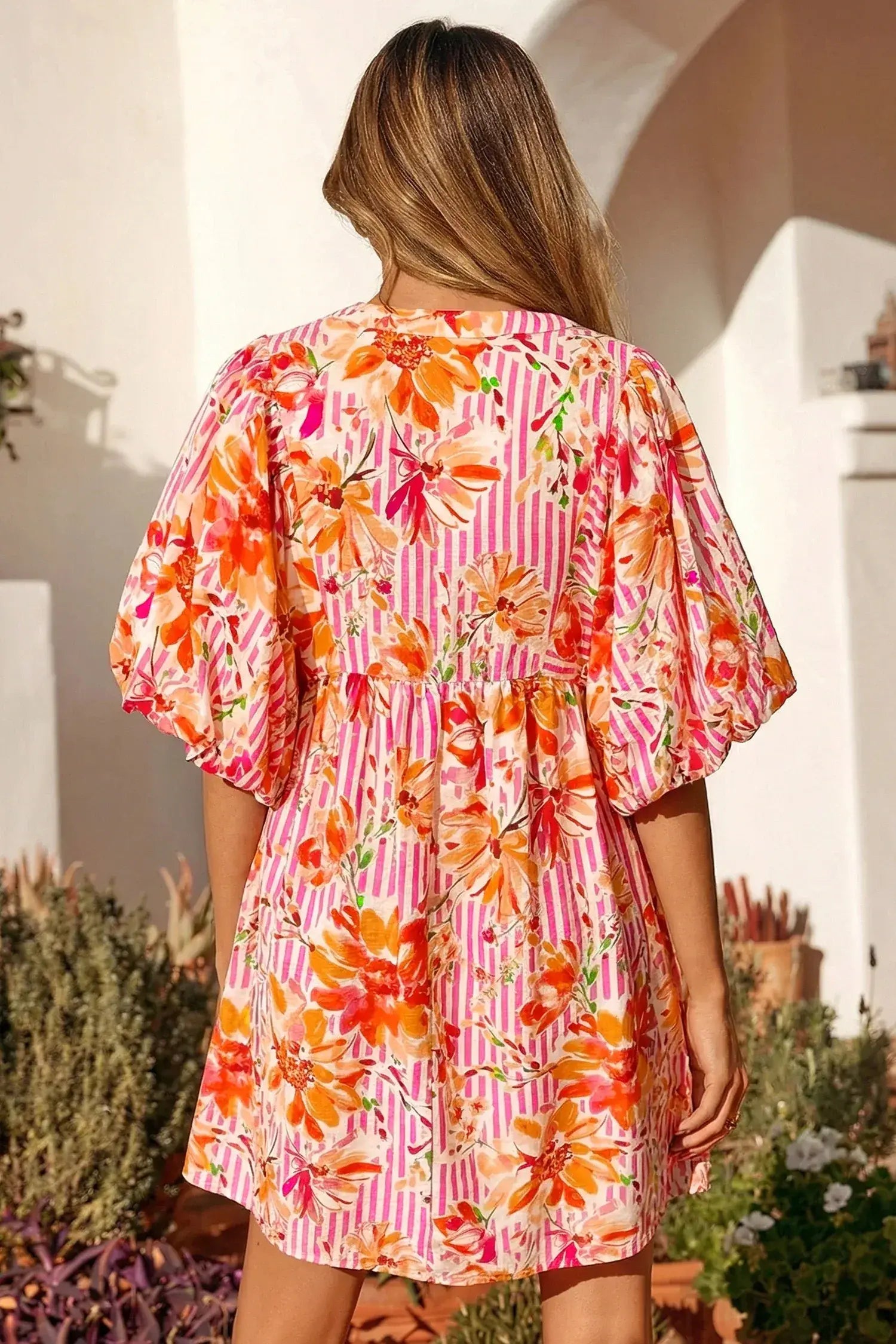 Pink Striped Floral Print Tie Neck Puff Sleeve Loose Mini Dress - Sweet Fashion Wholesale