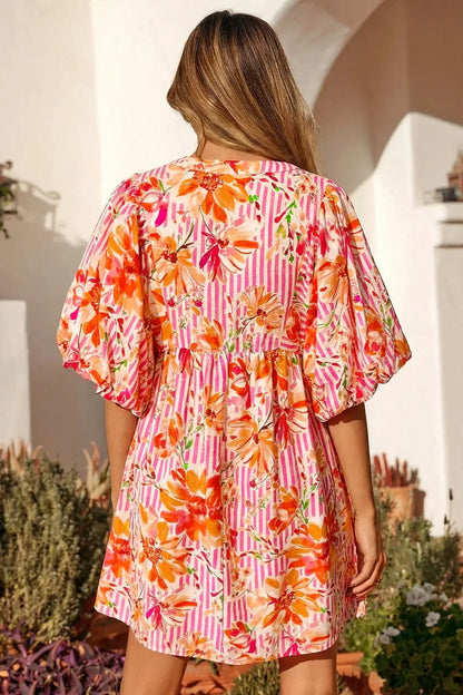 Pink Striped Floral Print Tie Neck Puff Sleeve Loose Mini Dress - Sweet Fashion Wholesale