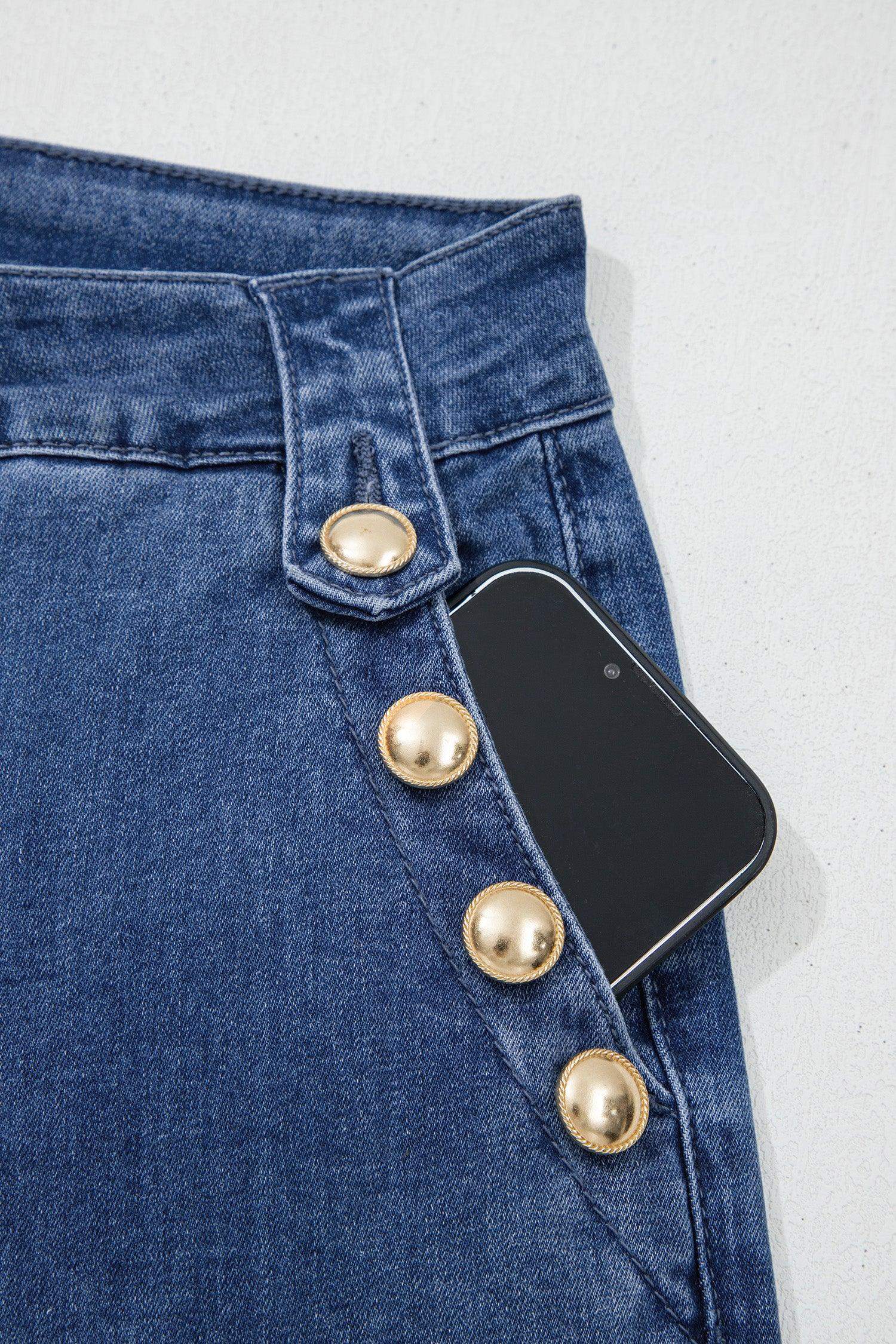Ashleigh Blue Golden Button Detail Rolled Edge Flare Leg Jeans - Sweet Fashion Wholesale