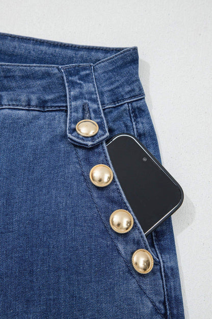 Ashleigh Blue Golden Button Detail Rolled Edge Flare Leg Jeans - Sweet Fashion Wholesale