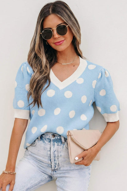 Pink Polka Dot Puff Short Sleeve Sweater Top