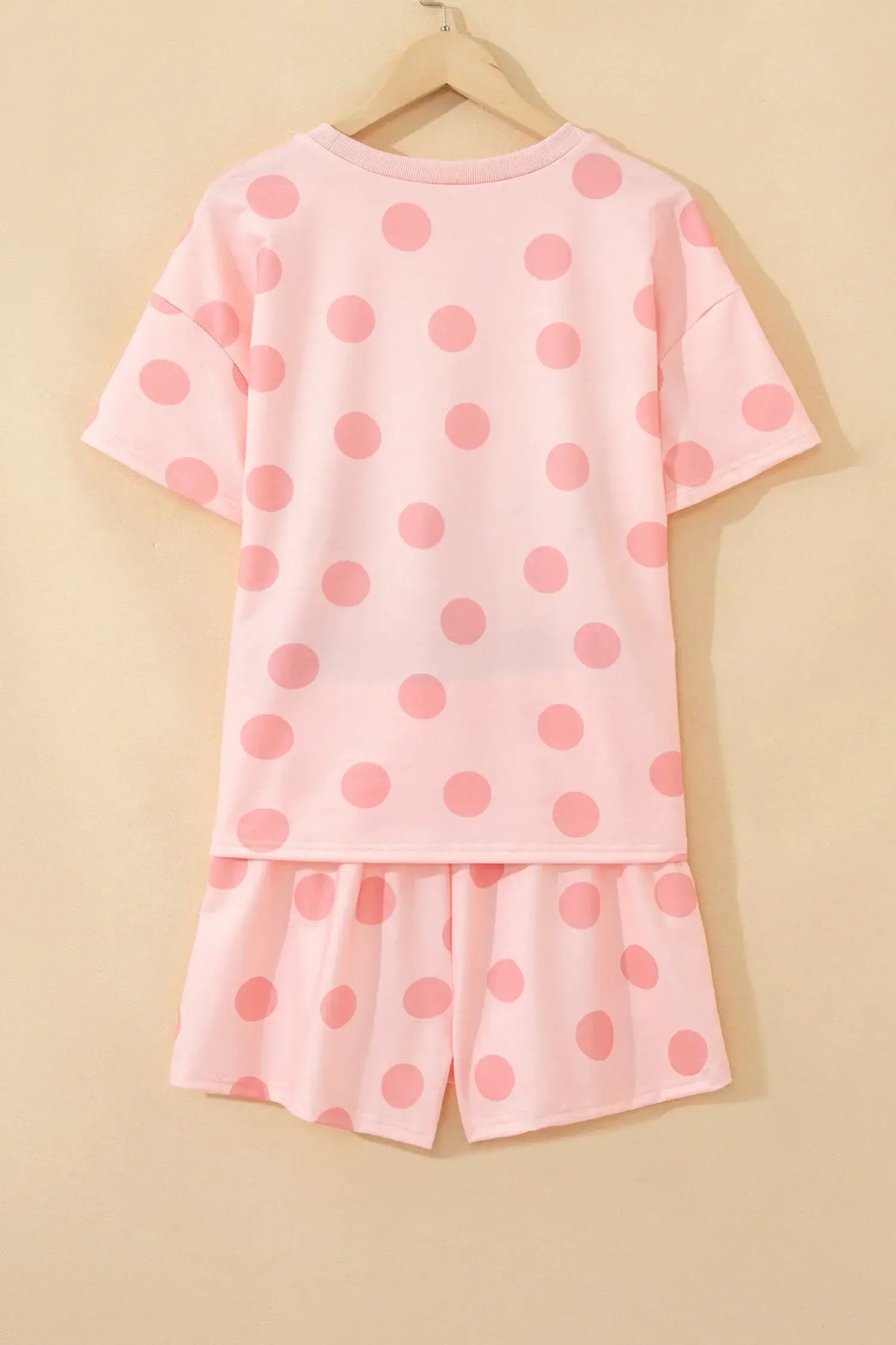 Pink Polka Dot Print Loose Tee Drawstring Elastic Waist Short Set - Sweet Fashion Wholesale