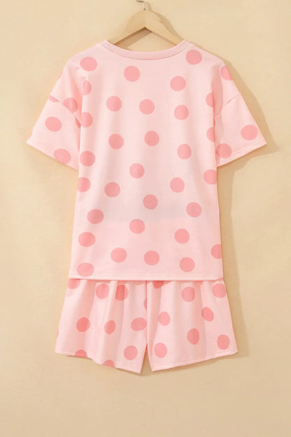 Pink Polka Dot Print Loose Tee Drawstring Elastic Waist Short Set - Sweet Fashion Wholesale