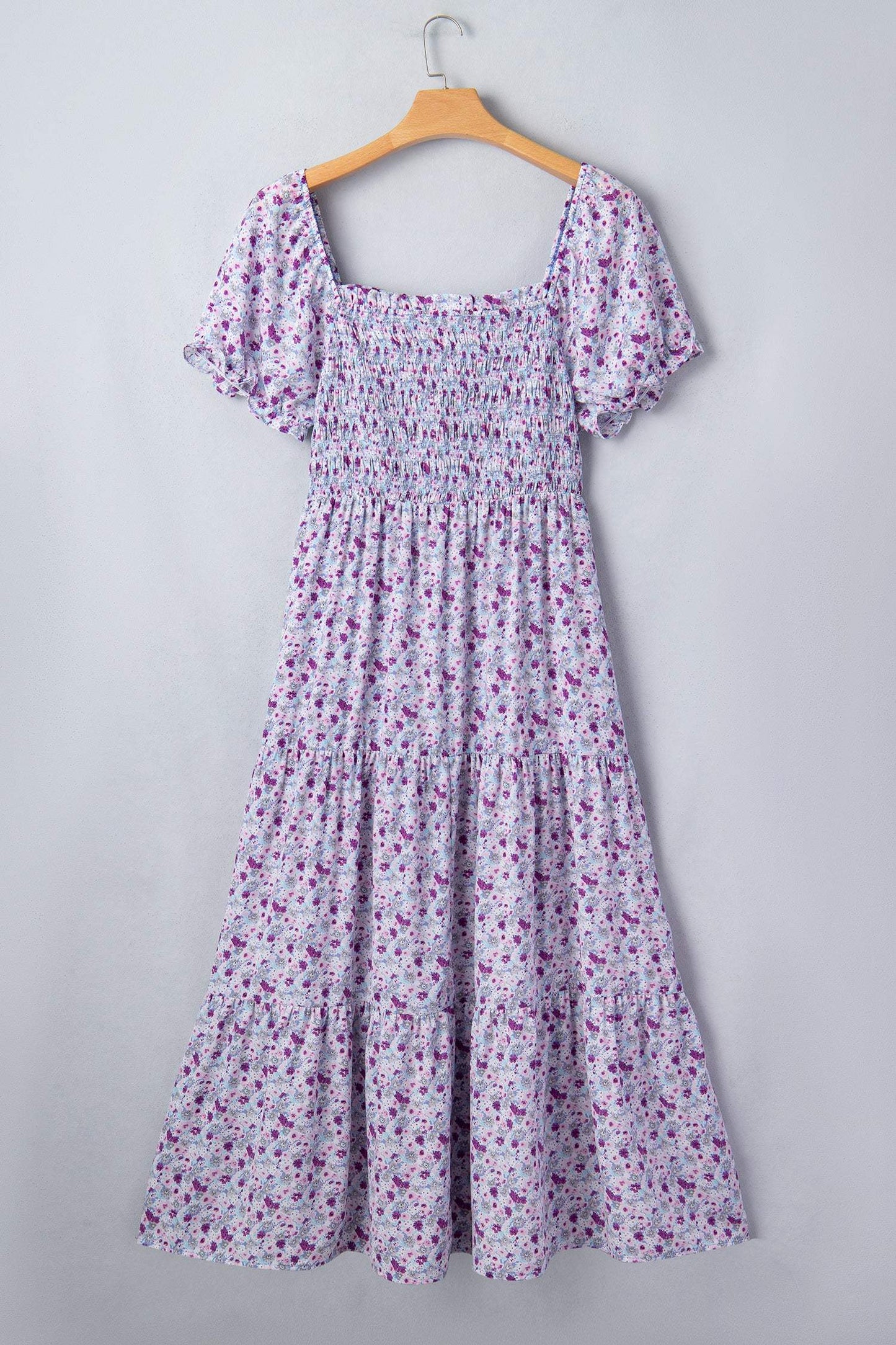 Purple Plus Size Floral Print Square Neck Smocked Maxi Dress