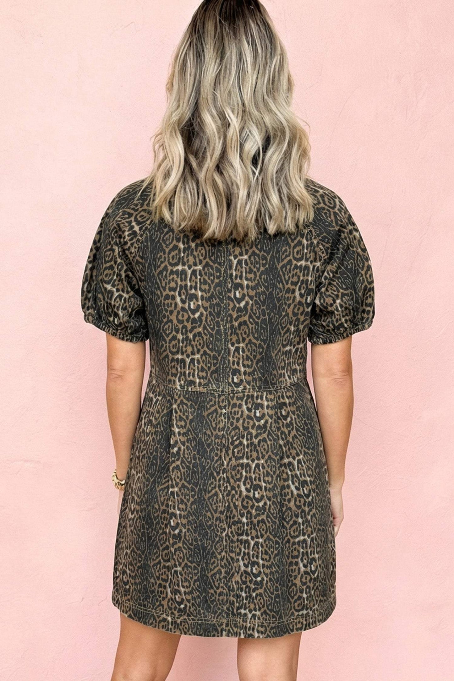 Gray Leopard Print Short Sleeve Pleated Denim Mini Dress