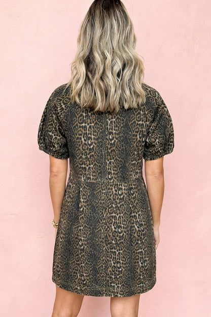 Gray Leopard Print Short Sleeve Pleated Denim Mini Dress