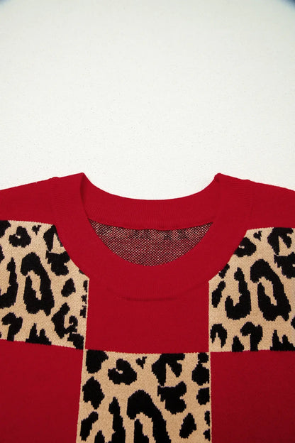Red Plus Size Leopard Contrasted Checkered Short Sleeve Sweater