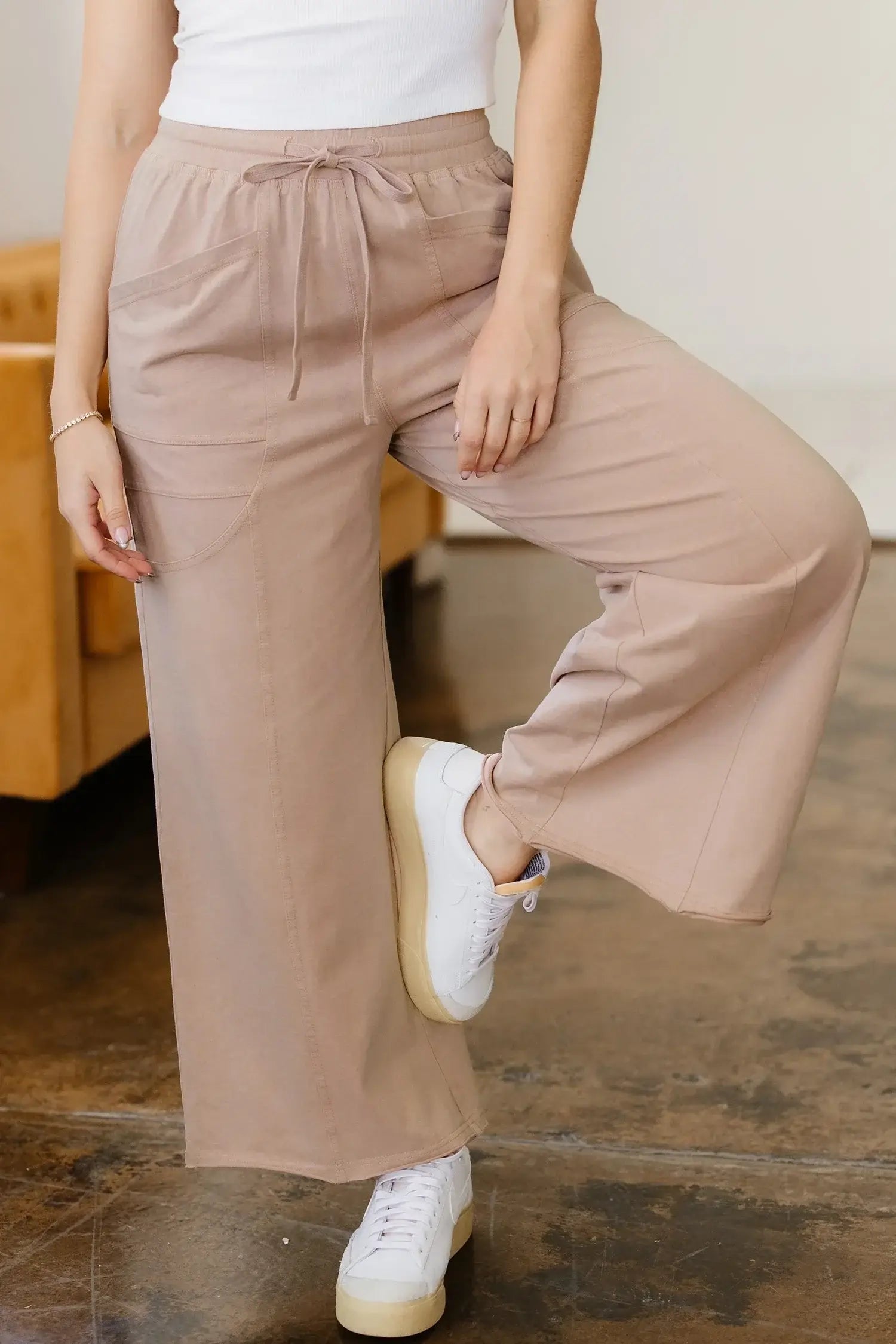 Smoke Gray Solid Color Mineral Wash Piping Trim Pocketed Wide Leg Pants - Sweet Fashion Wholesale