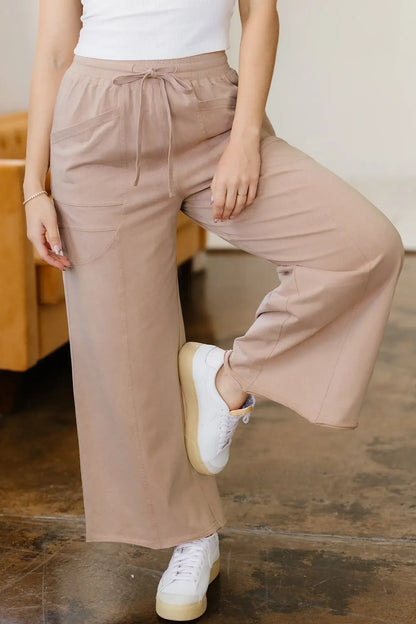 Smoke Gray Solid Color Mineral Wash Piping Trim Pocketed Wide Leg Pants - Sweet Fashion Wholesale