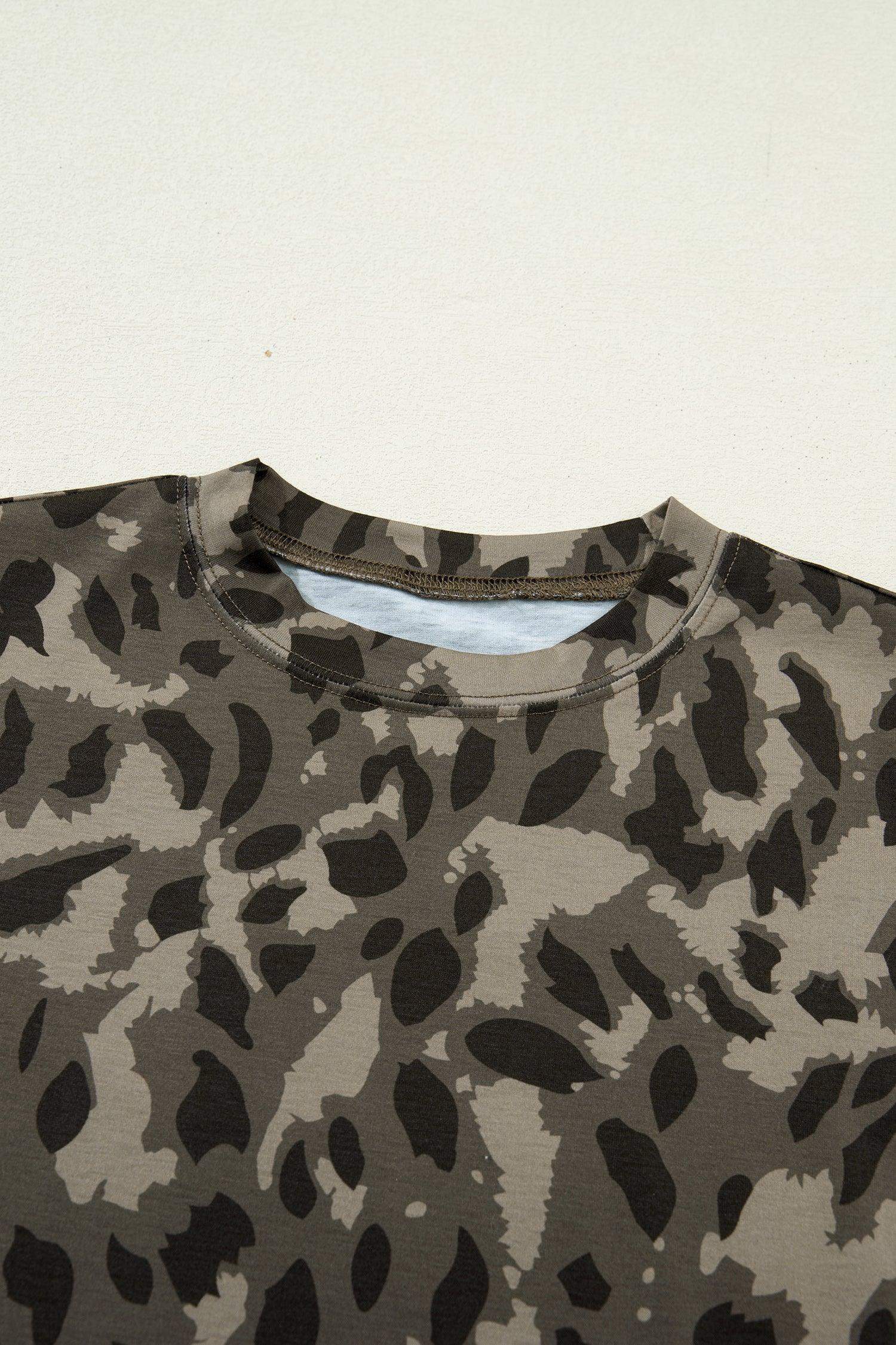 Brown Retro Leopard Print Mock Neck Slim Tee - Sweet Fashion Wholesale