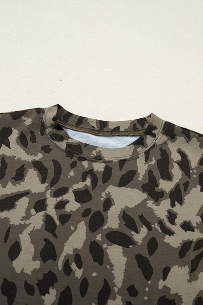 Brown Retro Leopard Print Mock Neck Slim Tee - Sweet Fashion Wholesale