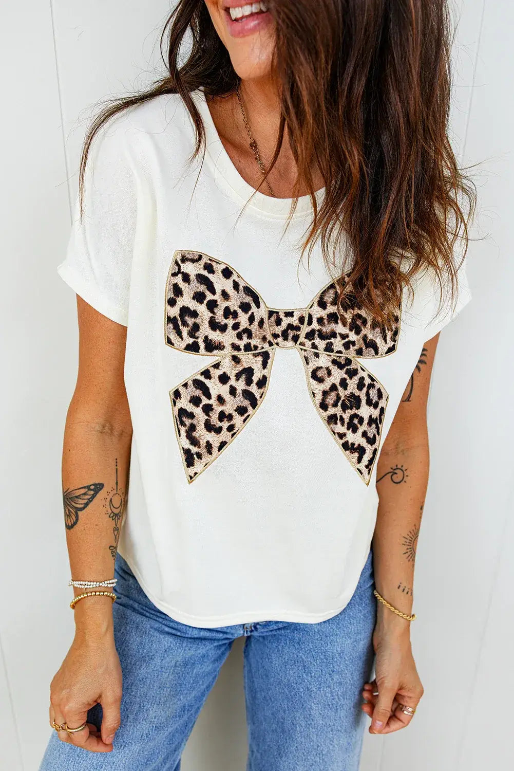 Black Leopard Bow Embroidered Cotton Round Neck T Shirt - Sweet Fashion Wholesale