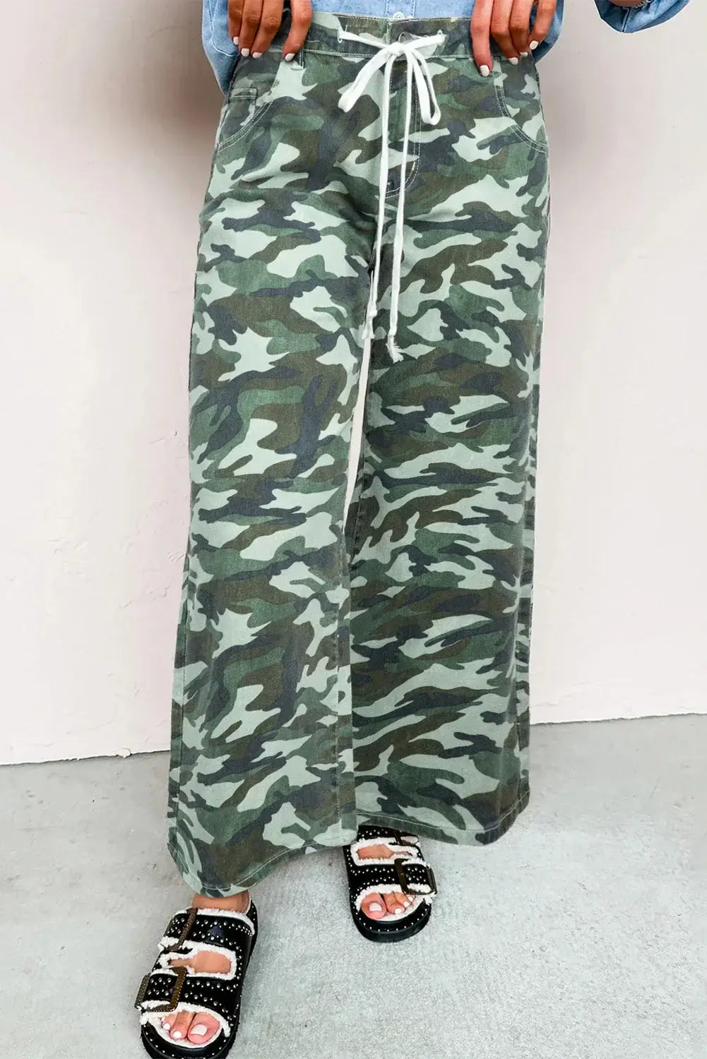 Green Camouflage Print Wide Leg Drawstring Denim Pants - Sweet Fashion Wholesale
