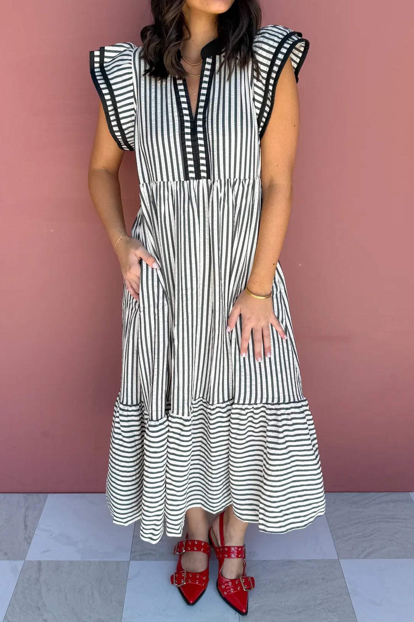 Black Stripe Plus Size Slit V Neck Tiered Flutter Sleeve Maxi Dress