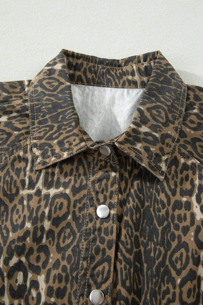 Gray Leopard Print Short Sleeve Pleated Denim Mini Dress