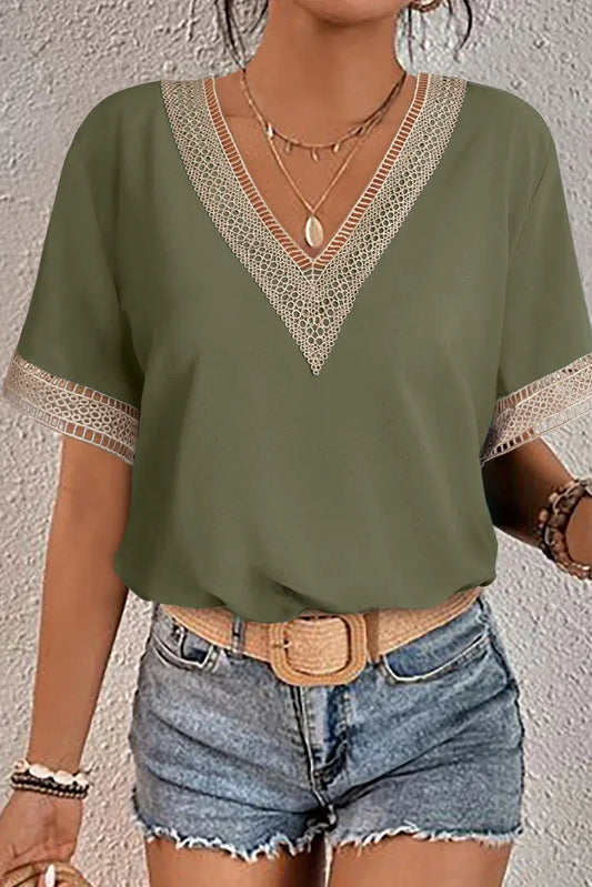 Green Lace Trim V Neck Short Sleeve Blouse - Sweet Fashion Wholesale