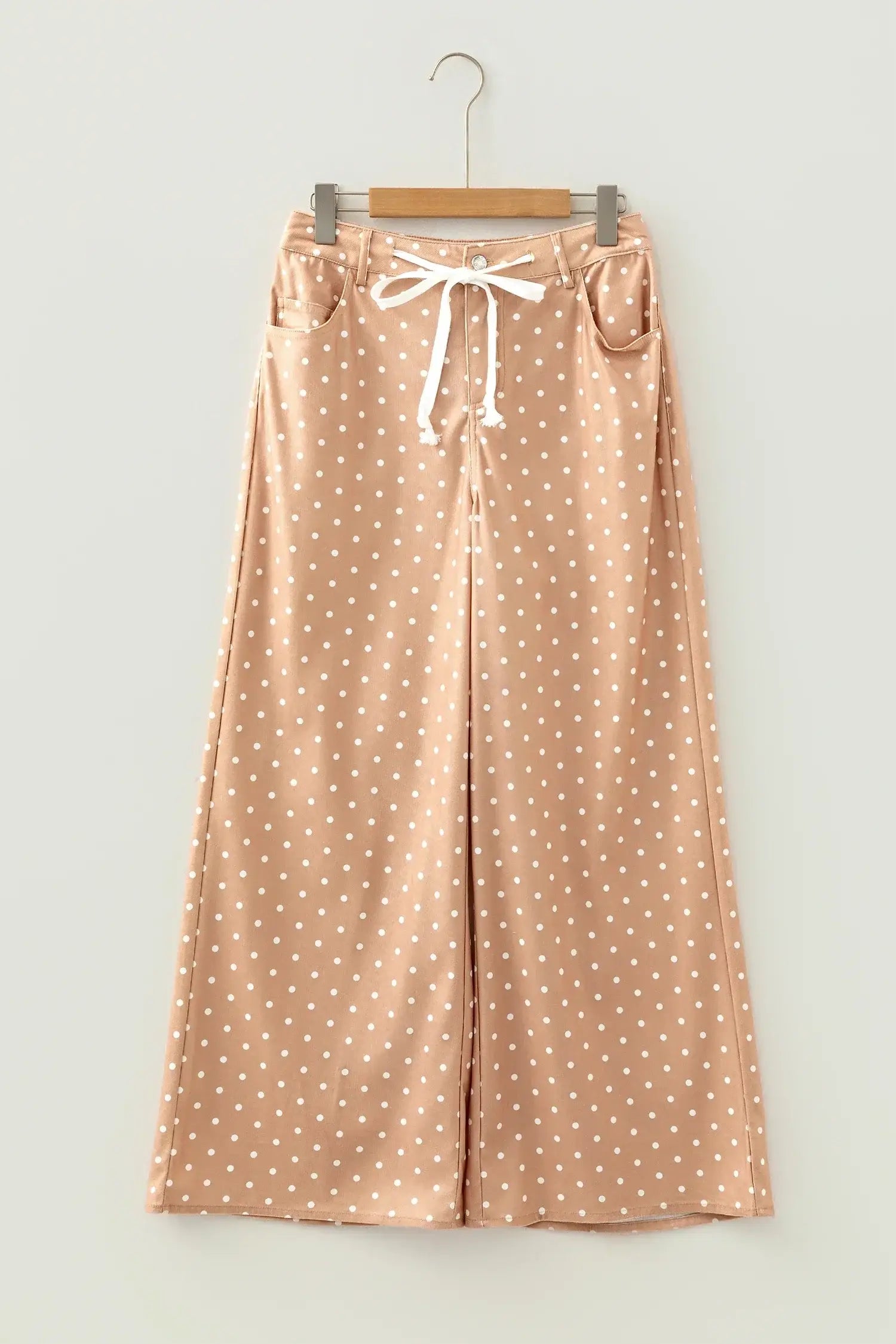 Khaki Polka Dot Print Drawstring Wide Leg Pants - Sweet Fashion Wholesale