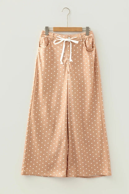 Khaki Polka Dot Print Drawstring Wide Leg Pants - Sweet Fashion Wholesale
