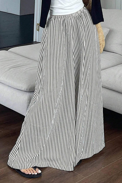Black Stripe Elastic Waist Ultra Wide Leg Pants