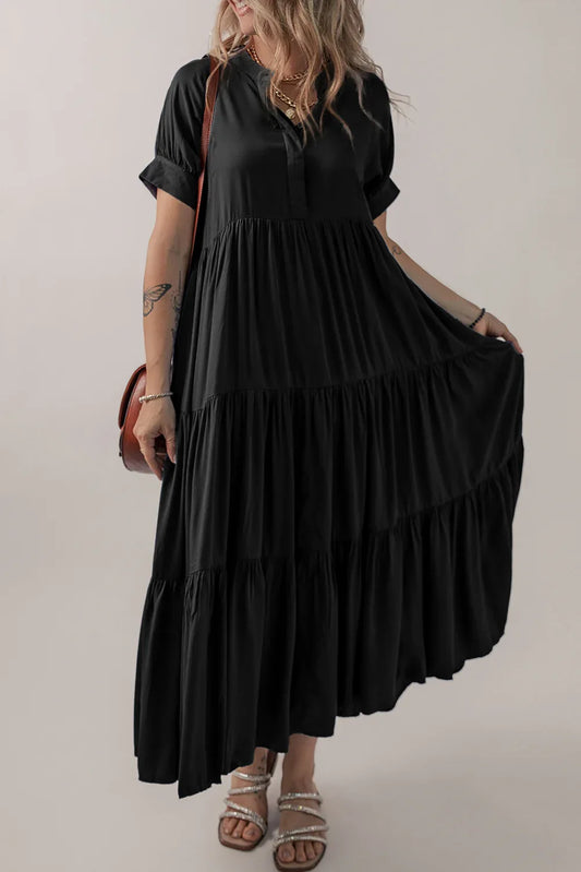 Black Hidden Buttons Short Sleeve Ruffle Tiered Long Flared Dress